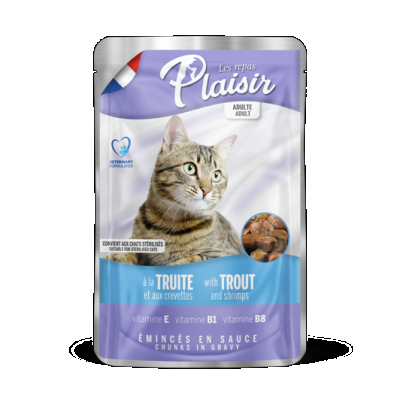 PLAISIR Cat Adult pstruh a krevety v omáčce, kapsička 100 g